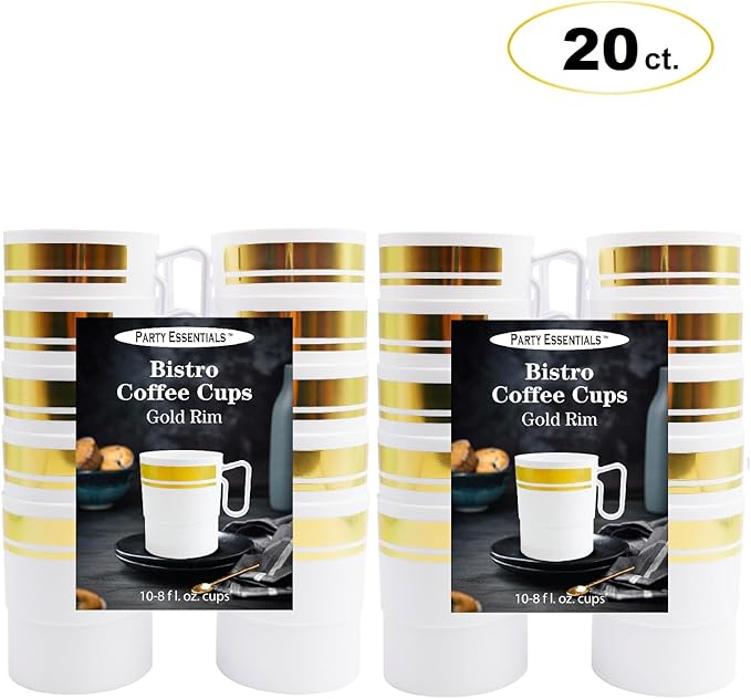 Party Essentials 8-Ounce Hard Plastic Coffee Cup/Tea Mug with Handle, 20-Count, White W/Gold Rim