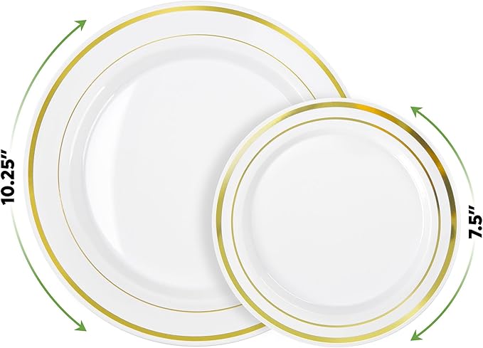 SETUP 100-Piece Gold Trim Plastic Dinnerware Set – 50 10.25" Dinner & 50 7.5" Salad Plates – Heavy-Duty Disposable for Weddings, Catering, Parties