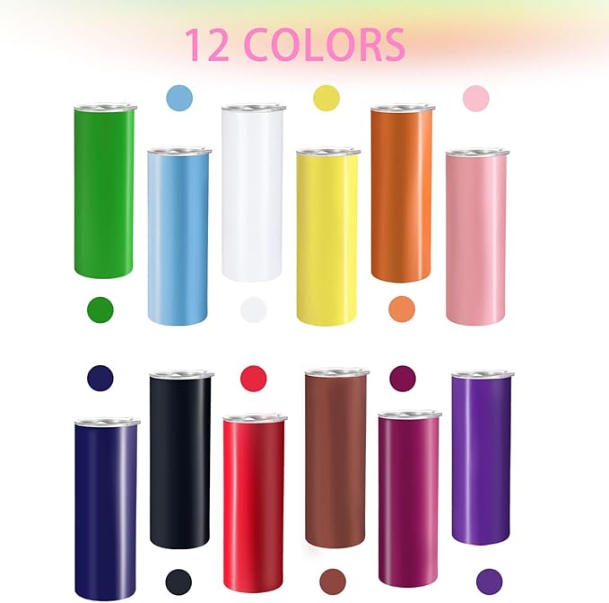 YOUKE OLA 12 Pack Stainless Steel Skinny Tumblers 20oz - Bulk Straight Double Wall Vacuum Insulated Tumbler with Lid and Straw & Silicone Base for Travel, DIY, 12 Colors