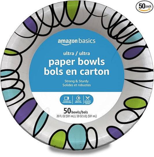 Amazon Basics Ultra Disposable Paper Bowls, 20 Oz, Microwave Safe, Soak Proof, Strong & Sturdy, White, 50 Count