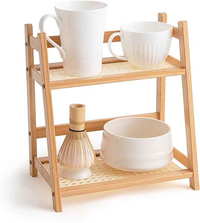 1 Pcs 2 Tier Matcha Station Shelf Bamboo Coffee Mug Stand Countertop Storage Rack, Double Layer Rattan Office Cup, Kitchen, Tea, Plant, Bar Accessories Condiment Display(Wood,10.2 Inch)