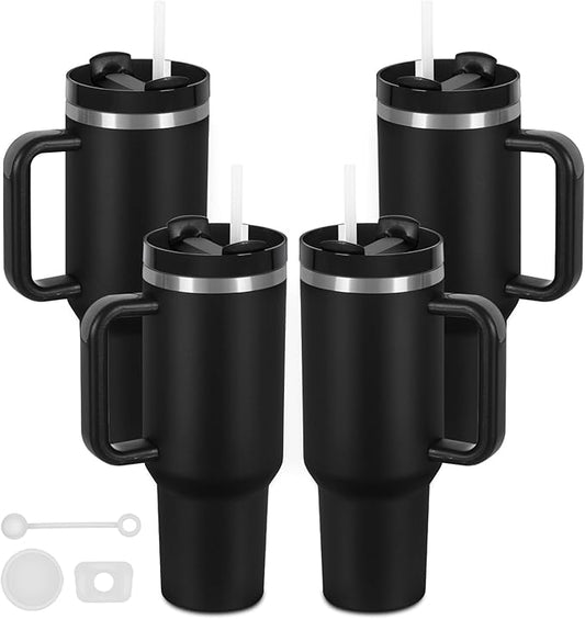 4 Pack 40 Oz Tumbler with Handle Bulk, Double Wall Vacuum Insulated Stainless Steel Tumbler with Lid and Straw, 40 oz cup with Silicone Spill Proof Stopper Set (Black)
