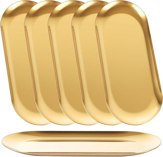 6PCS Stainless Steel Serving Tray Set Gold Platters for Serving Food Small Metal Tray Decorative 9" Long Plate Oval Storage Tray Thickened Serving Dishes for Entertain Party Buffet Sushi Snack