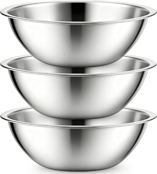 Suwimut 3 Pack Stainless Steel Mixing Bowls, 6 Quart Flat Base Stainless Steel Serving Bowls, 12.6 Inch Mirror Polish Large Metal Bowl Set for Kitchen Cooking, Baking, Prepping