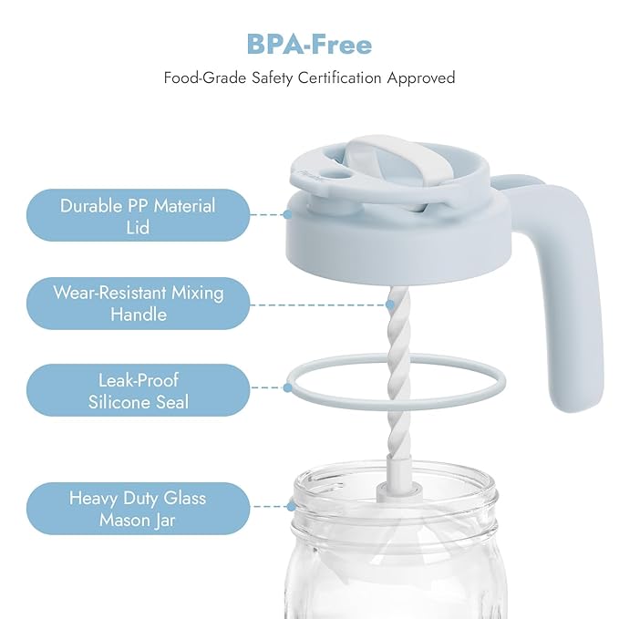 Papablic Breast Milk Pitcher – Baby-Safe Glass Formula Mixer with Easy-Blend Handle Lid, Wide-Mouth Mason Jar, Leakproof Flip-Lock Spout, BPA-Free, Gift for New Moms, Blue
