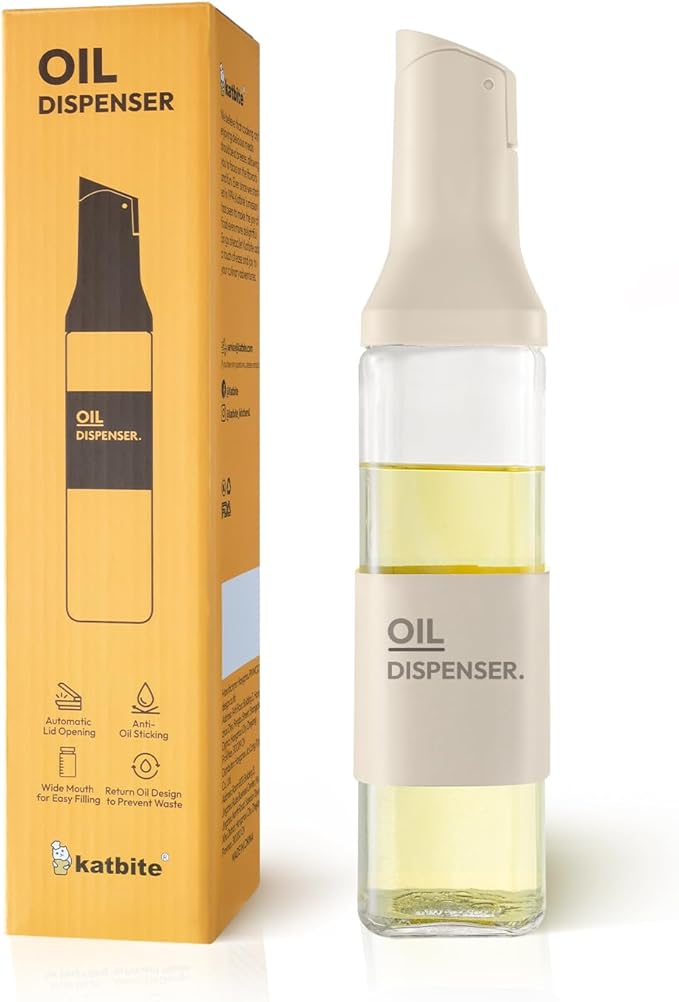 katbite 16oz Glass Olive Oil Dispenser Bottle for Kitchen Cooking - Leakproof Kitchen Essential with Precise Pouring Spout for Salad, Air Fryer, BBQ, Non-Stick Pans, Easy Refill and Use, Light Grey