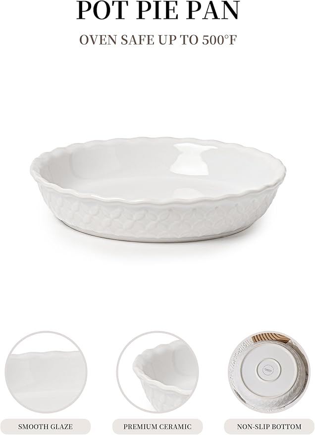 9 Inch Embossed Ceramic Pie Dish,36oz Deep Fluted Baking Pan with Floral Pattern,Elegant Pie Plate for Apple, Quiche, Tart–Oven & Dishwasher Safe