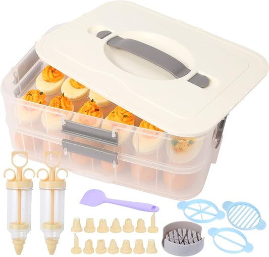 2-Layer Deviled Egg Containers With Lid,36pcs Easter Deviled Egg Tray Carrier with Handl Injector Piping Tool,Portable Stackable Egg Holder Platter Holder Organizer for Refrigerator Party Picnic Event