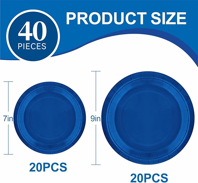 40Pcs Disposable Paper Plates Blue,Including 20pcs 9" and 20pcs 7" Plates,Strong and Sturdy Disposable Plates for Party, Dinner, Holiday, Picnic,Birthday Party, Dinner Table, Wedding