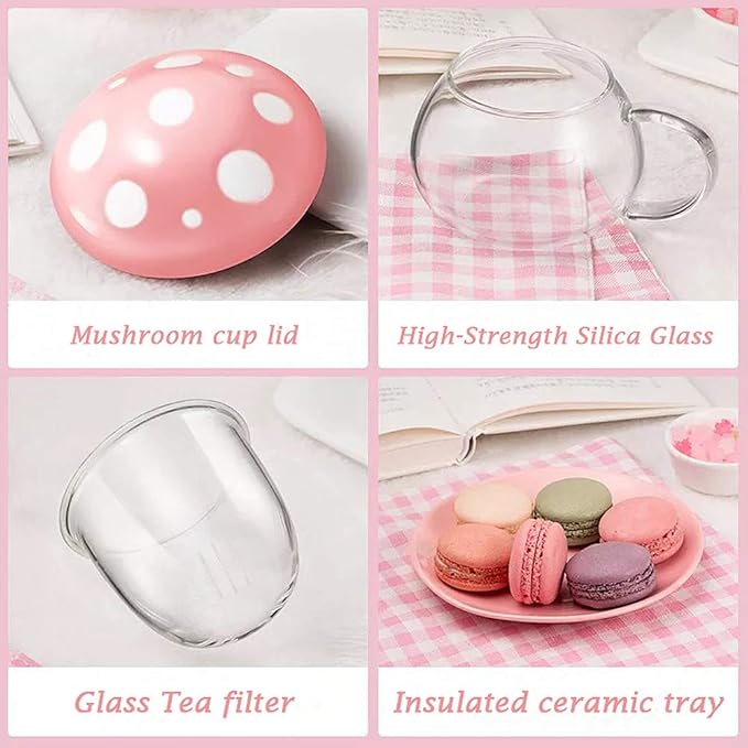 Mushroom Tea Cup Set, Cute Glass Tea Cups and Saucers, Kawaii Tea Cup with Infuser for Loose Leaf Tea Steeper, Coffee Mug Christmas Gifts for Women, Tea Infuser Mug with Lid for Mother Girls (Orange)