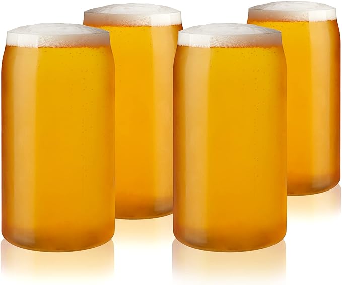 True Beer Can Glasses, Clear Tumblers, Superior Cocktail, Water, Juice, Iced Coffee, Soda, Beverage Drinking Glass, Kitchen Glassware Sets, Drinkware, Home Bar, 16 oz Set of 4