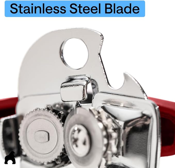 GORILLA GRIP Heavy Duty Stainless Steel Smooth Edge Manual Can Opener and Bottle Openers, Soft Comfortable Handle, Oversized Handheld Turn Knob, US Designed Multifunctional Kitchen Tool, Red
