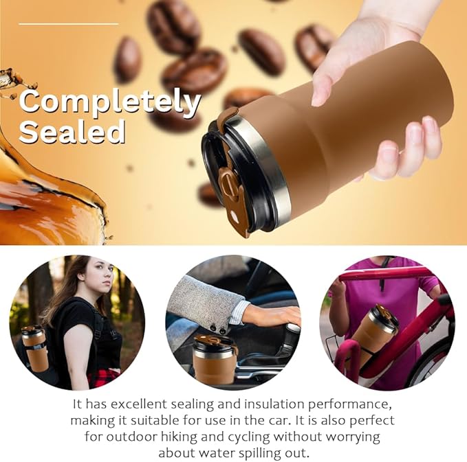 Travel Coffee Mugs Leak-Proof, Reusable Coffee Cups with Lids, Stainless Steel Vacuum Insulated Coffee Tumblers, Thermal Insulation Cups for Men and Women Hot & Cold Drinks(4th-Brown, 16OZ)