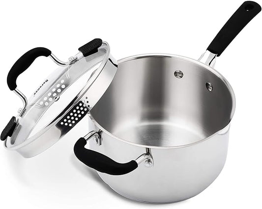 Rorence 3.7 Quart Saucepan with Glass Lid: Stainless Steel Sauce Pan with Two Sides Pour Spout & Riveted Silicone Handles & Build-in Strainer Tempered Glass Cover …