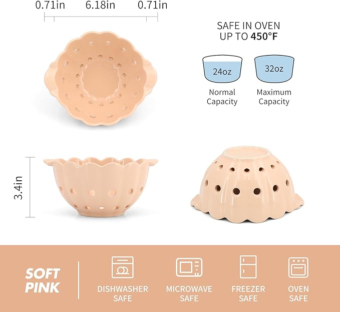 Small Ceramic Fruit Bowl,Scallop Stoneware Colander with Handles,Round Colorful Berry Basket,Fruit Container for Strawberry &Food Strainer,Soft Pink