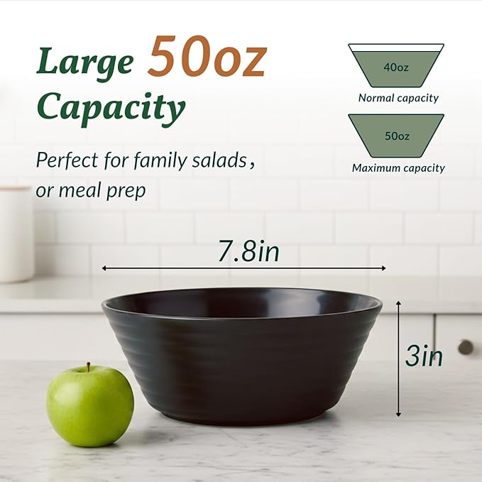 Homienly 6 PCS Large Bowl Set, Lightweight and Unbreakable Wheat Straw Bowls for Salad,Soup,Cereal, Microwave Safe 50 OZ Big Bowls Set, Stackable Kitchen Dining Essentials - Black