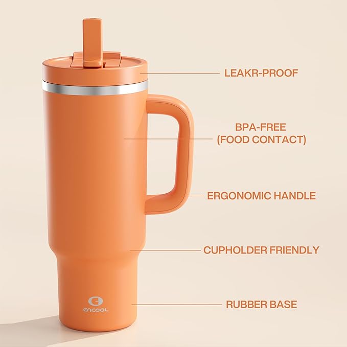 40 oz Tumbler with Handle and Straw: Stainless Steel Insulated Tumbler Keeps Cold for 24 Hours, Leakproof Travel Cup Fits in Cup Holder and BPA-Free,Moderate Orange