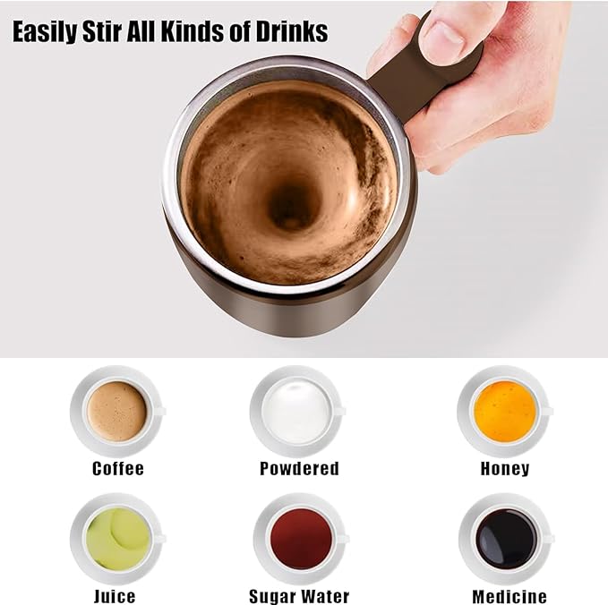 Self Stirring Mug,Rechargeable Auto Magnetic Coffee Mug with 2Pc Stir Bar,Waterproof Automatic Mixing Cup for Milk/Cocoa at Office/Kitchen/Travel 14oz Best Gift - Brown
