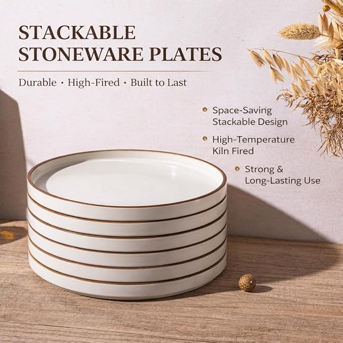 LERATIO Dinner Plates,10.25 Inch Ceramic Flat Plates Set of 6,High Edge Modern plates for Kitchen,Microwave & Dishwasher & Oven Safe, Scratch Resistant Dishes Set-White with Rim
