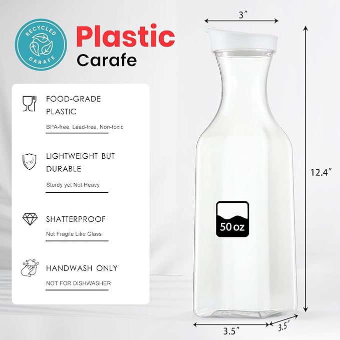 NETANY Plastic 50 Oz Water Carafe with Flip Top Lid, Set of 2 Square Base Juice Containers, Clear Plastic Pitcher - for Water, Iced Tea, Juice, Beverage, Cold Brew and Mimosa Bar - HAND WASH ONLY