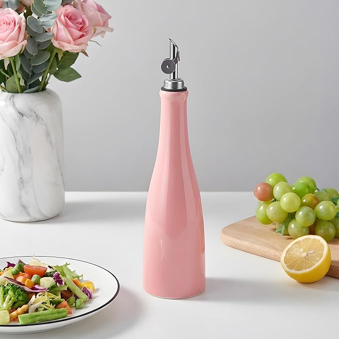 YOLIFE Olive Oil Dispenser Bottle, 20oz Ceramic Oil Dispenser for Kitchen, Oil Bottle with Gravity Spout, Leak Proof EVOO Dispensing Bottle with 2 Spouts and 1 Funnel for Vinegar, Juice(Pink)