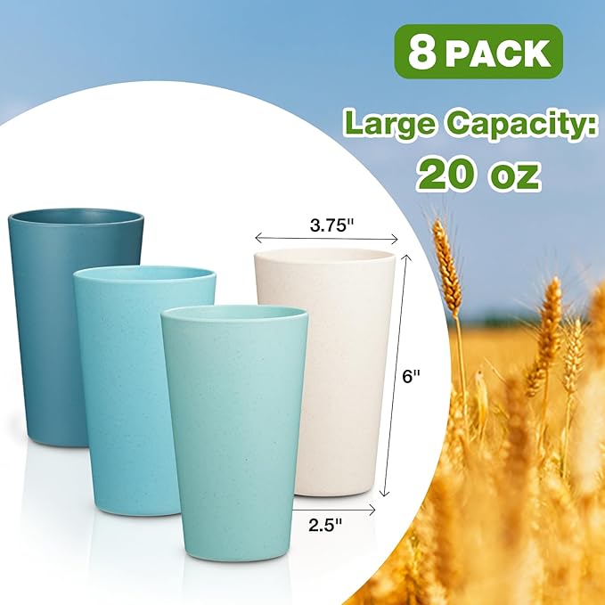 Wheat Straw Cups Set of 8, 20 oz Unbreakable Drinking, Chip Resistant, Reusable Water Set, Large for Kitchen, Camping, BPA Free Cups, Dishwasher & Microwave Safe Tumbler