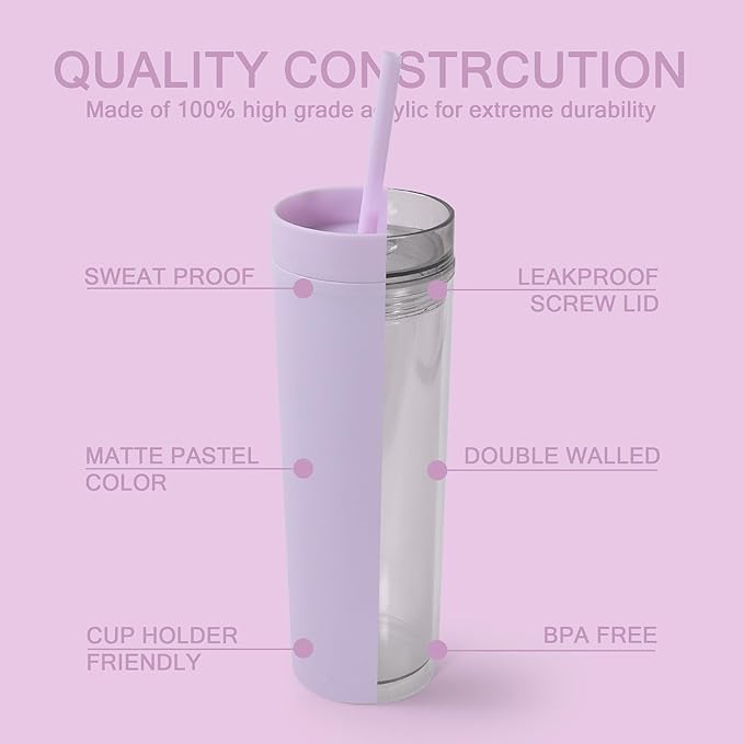 sweet grain Skinny Tumblers with Lids and Straws(6 Pack) - 16oz Matte Pastel Colored Skinny Acrylic Tumblers, Double Wall Plastic Tall Skinny Tumblers Bulk for Cold Hot Drinks - Purple
