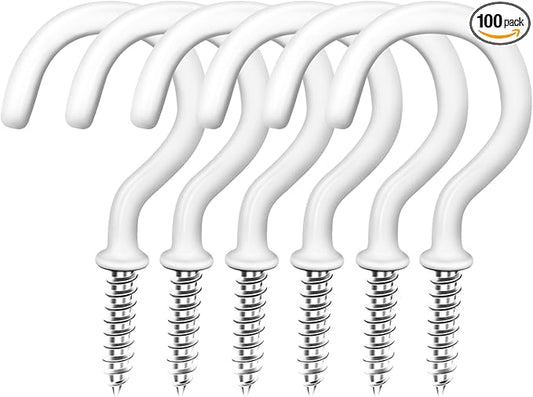 5/8" Small White Vinyl Coated Screw-in Hooks, Ceiling Hooks Wall Hooks Hanging Hooks Kitchen Hooks Indoor Outdoor for Cups Decors Plants Utensils Lights Baskets Wreaths, 100 PCS