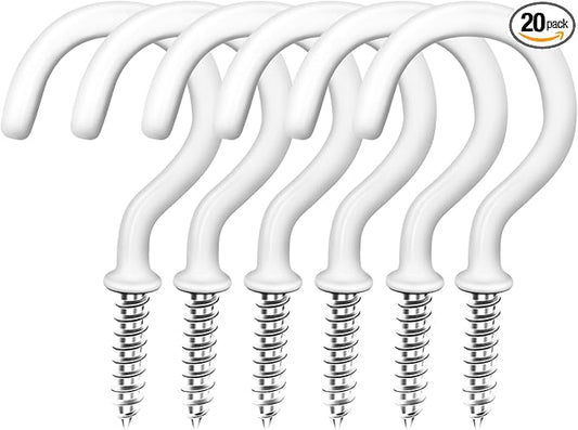 2" White Vinyl Coated Screw-in Hooks, Ceiling Hooks Wall Hooks Hanging Hooks Kitchen Hooks Indoor Outdoor for Cups Decors Plants Utensils Lights Baskets Wreaths, 20 PCS