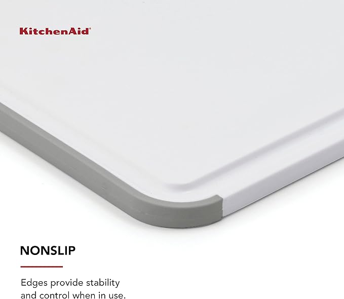 KitchenAid Classic Nonslip 2-Piece Plastic Cutting Board Set with Perimeter Trench and Non Slip Edges, 2-Piece Kitchen Chopping Boards, Dishwasher-Safe, White and Gray