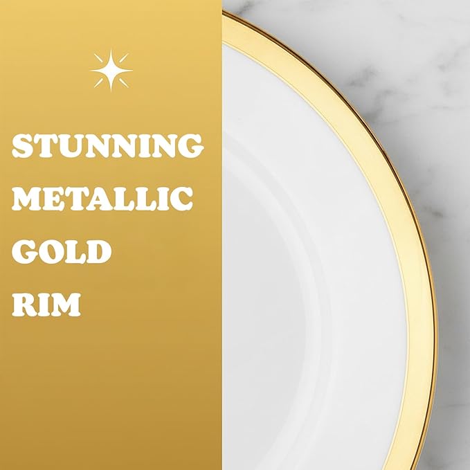 Blue Sky Organic Tray Gold Rim (2 ct) - 14" Round White Plastic Disposable Serveware with Elegant Gold Trim - Perfect for Parties and Events