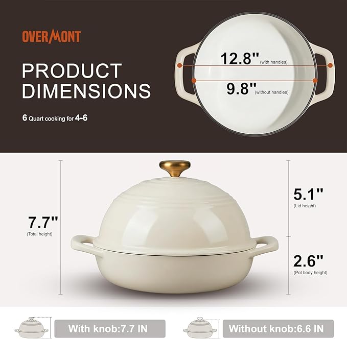 Overmont Enameled Cast Iron Bread Oven - 6QT Bread Dutch Oven for Sourdough Bread Baking - Bread Pot with Dome Lid Cotton Potholders & Cookbook - Multi-Functional Bread Pan For Baking Frying Roasting