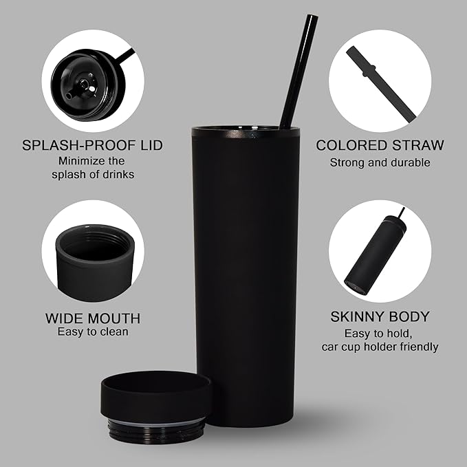 sweet grain Skinny Tumblers with Lids and Straws(6 Pack) - 16oz Matte Pastel Colored Skinny Acrylic Tumblers, Double Wall Plastic Tall Skinny Tumblers Bulk for Cold Hot Drinks - Black