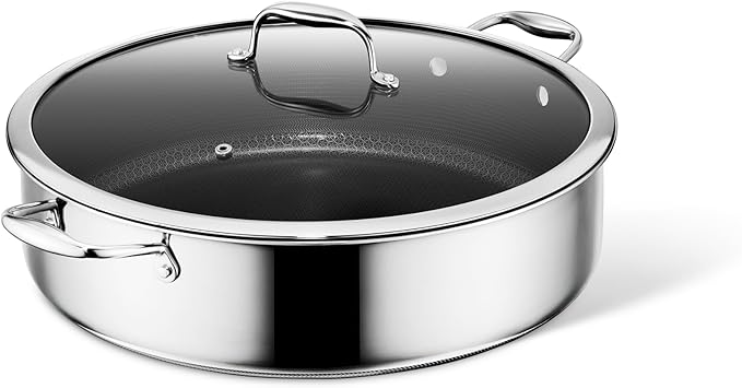 HexClad Hybrid Nonstick 10-Quart Deep Sauté Pan with Tempered Glass Lid, Stay-Cool Handle, Dishwasher-Friendly, Oven-Safe Up to 900°F, Induction Ready, Compatible with All Cooktops