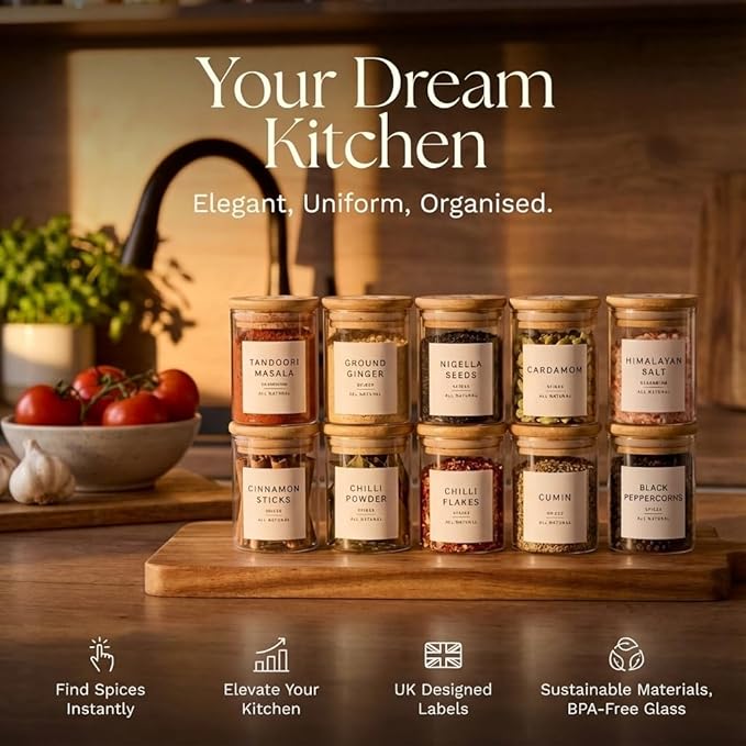 Glass Spice Jars with Labels-12 Pack- 6.8oz- 360 Labels- Spice Containers with Bamboo Lids -Spices Organization for Cabinet-Drawer-Rack-Seasoning containers-herbs- Organizer-Spices Bottles