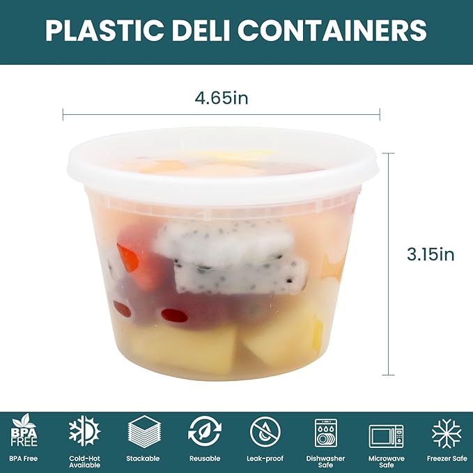 WGCC Deli Containers with Lids - 16 oz Plastic Food Storage Containers, 48 Sets - BPA Free, Microwave, Freezer & Dishwasher Safe