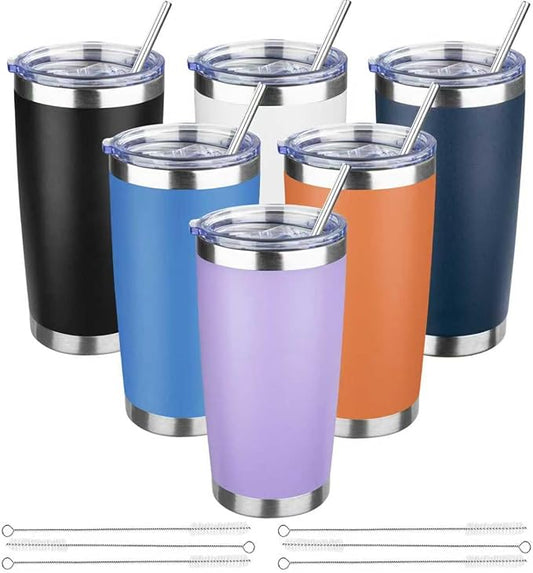 20 oz Tumbler with Lids and Straws, Stainless Steel Insulated Travel Coffee Mug, Double Wall Vacuum Insulated Tumblers, Powder Coated Coffee Tumbler for Cold & Hot Drinks (Mix Color-7)
