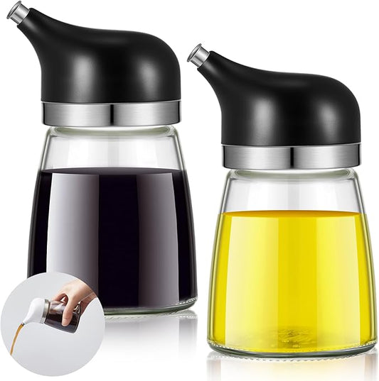 2 Pcs Cruet Dispenser Set 5 oz, Black Glass Soy Sauce Dispenser, Small Olive Oil and Vinegar Bottles, Soy Sauce Bottle, Non Drip Spout Cruet Bottle Container for Kitchen Cooking