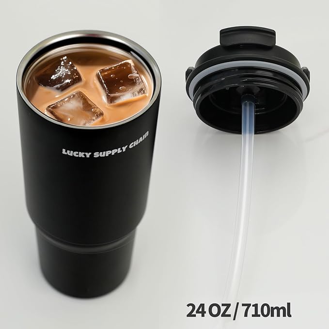 Water Bottle 24 Oz/Stainless Steel Tumbler with Straw - Vacuum Insulated Water Bottle for Home, Office or Car Reusable Cup With straw，Cold for 12 Hrs or Iced for 24 Hrs(Black)