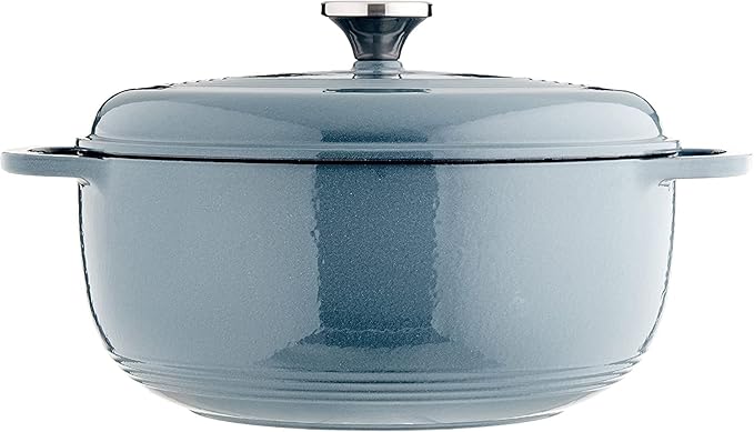 Lodge Essential Enamel Cast Iron Dutch Oven with Lid - Oven-Safe Enamel Cookware up to 500° F - Heat-Retaining Braising & Roasting Pot - Non-Toxic Cookware - 7.5 Quart, Storm Blue