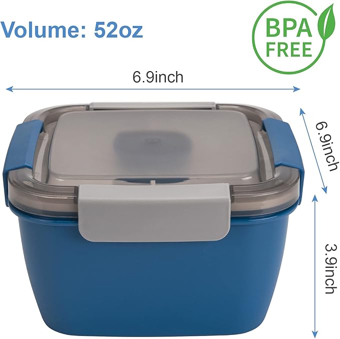 Freshmage Salad Lunch Container To Go, 2 Packs 52-oz Salad Bowls with 3 Compartments, Salad Dressings Container for Salad Toppings, Snacks, Men, Women (Blue+Green)