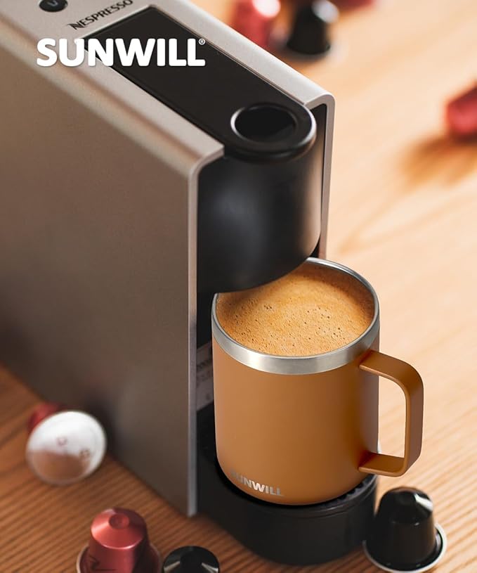 SUNWILL Travel Coffee Mug with Lid, Insulated Tumbler Set of 2, Stainless Steel Cup 14 oz for Camping, Outdoor, Gifts, Powder Coated Olive & Caramel