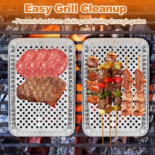 CYEAH 16 x 12 in Large Aluminum Foil Grill Topper Pans, 20 Pcs BBQ Grill Topper Pan with Holes, Non Viscous Aluminum Foil BBQ Grilling Tray for Cooking & Camping, No Clean Up Required