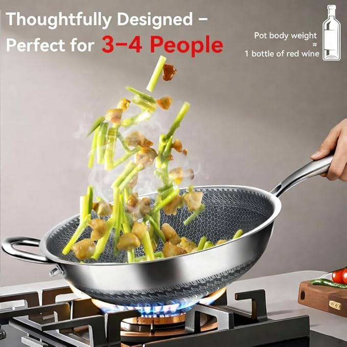 WANGYUANJI Honeycomb Stainless Steel Wok Pan with Lid, 12.6 Inch Hybrid Nonstick Stir Fry Pan Flat Bottom, PFOA-Free, Induction Compatible, Dishwasher Safe, No Seasoning Needed (Serves 3-4)