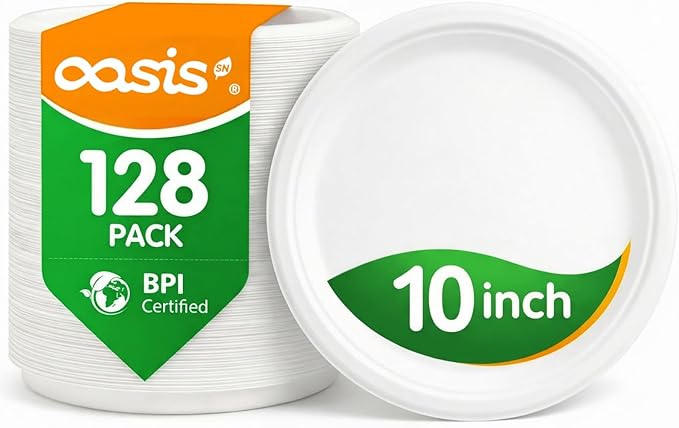 10 Inch 128 Pack Compostable Disposable Paper Plates, Large Round Dinner Plates, Heavy Duty Sugarcane Bagasse, Biodegradable Eco-Friendly for Parties & Daily Use, White