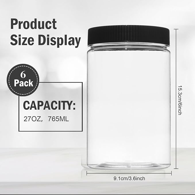 27 Ounce Plastic Jars with Lids, 6 Pack Food Storage Containers Airtight, Clear Containers for Organizing
