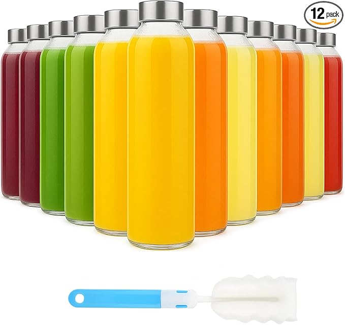 Sursip [12 Pack] 18 oz Glass Water Bottles with Lids, Juice Bottles, Clear glass juice bottle for juicing, Eco-Friendly Reusable Glass Juicing Bottles with Stainless Steel Lid, BPA Free,Leak-Proof