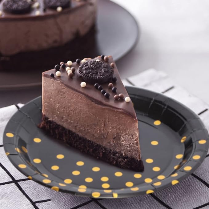 Black and Gold Party Supplies, Black Paper Dessert Plates for Birthday Graduation (50-Count)