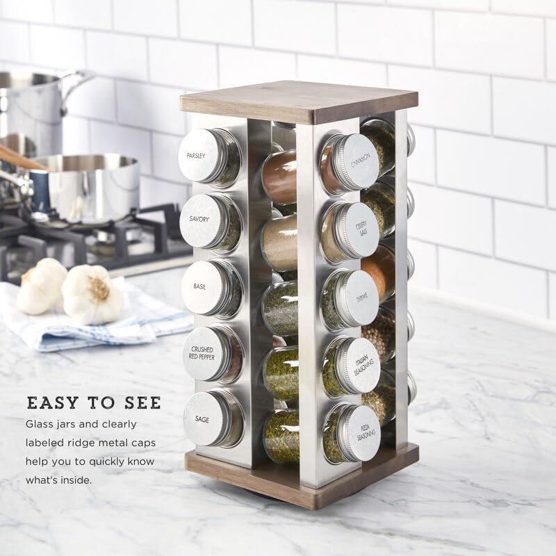 Kamenstein 20 Jar Vintage Revolving Countertop Spice Rack Organizer with Spices Included, FREE Spice Refills for 5 Years, Wood and Stainless Steel with Metal Caps