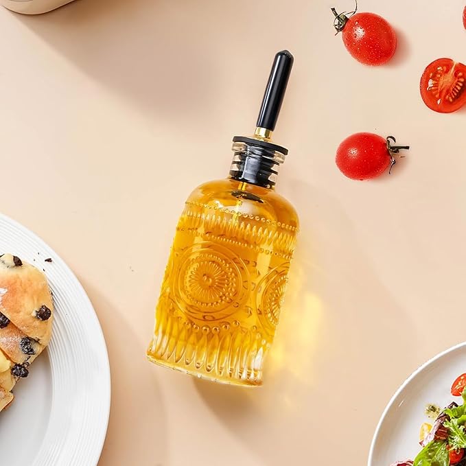 Olive Oil Dispenser Bottle for Kitchen with Metal Spout, Glass Oil Bottles 7OZ, Elegant Glass Cooking Dispenser for Kitchen